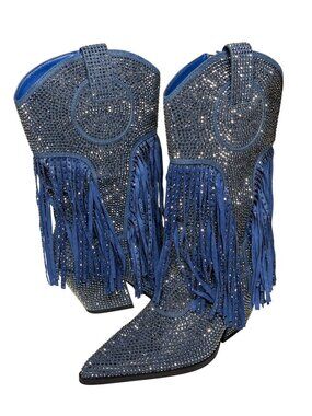 Azalea Wang Greia Rhinestone Fringe Western Boots Womens 6 Blue Cowboy